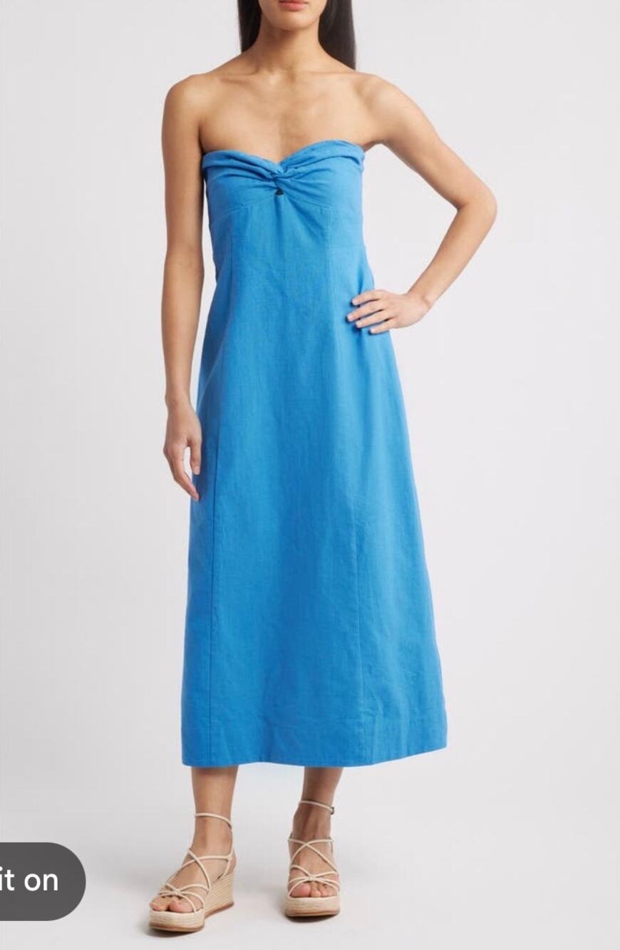 LOST + WANDER linen blend blue full length strapless summer wedding maxi dress M